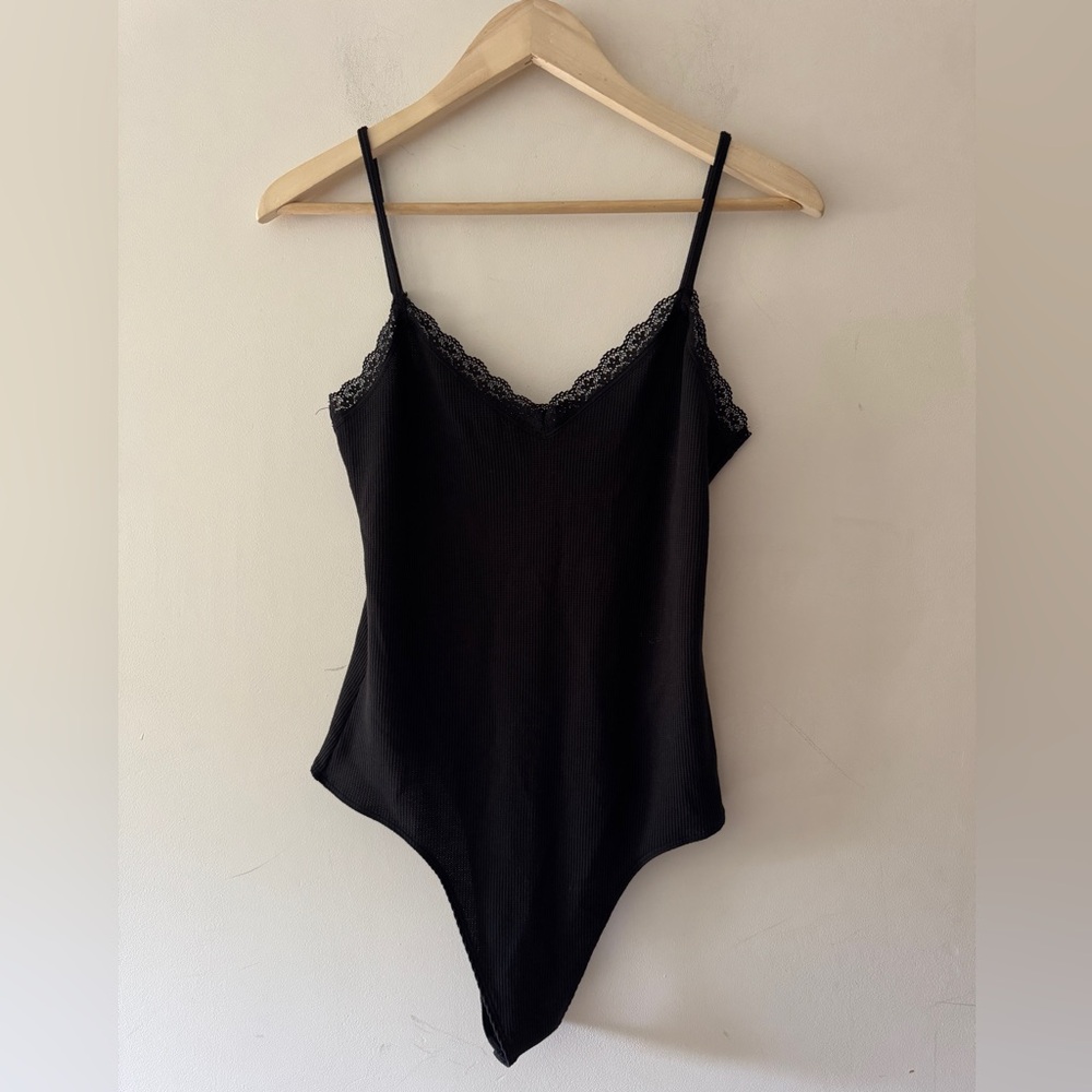 American Eagle Black Knit Lace Fringe Tank Top Bodysuit‎